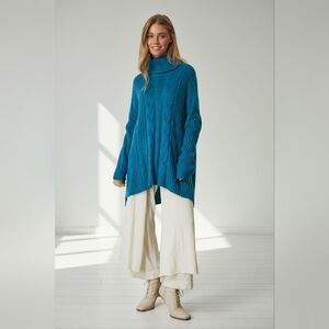 Davi & Dani Teal Cable Knit Turtleneck Sweater Tunic